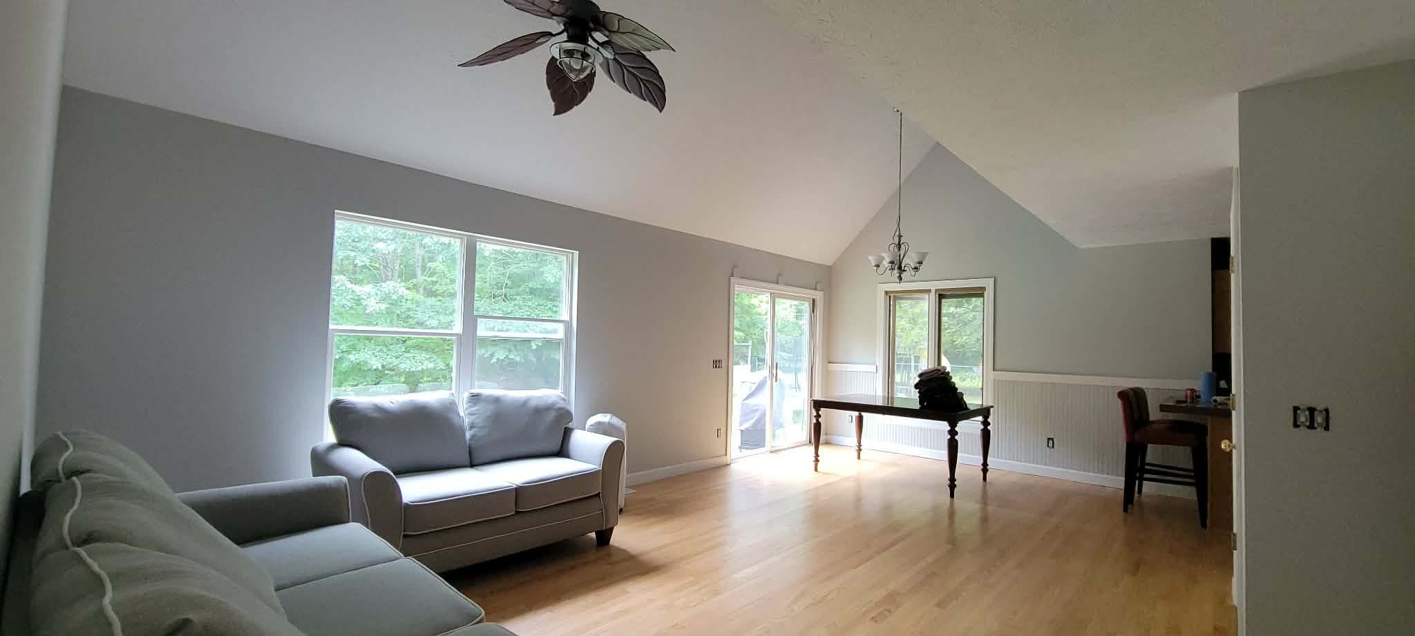 Living room with soft gray walls, white trim and a vaulted ceiling